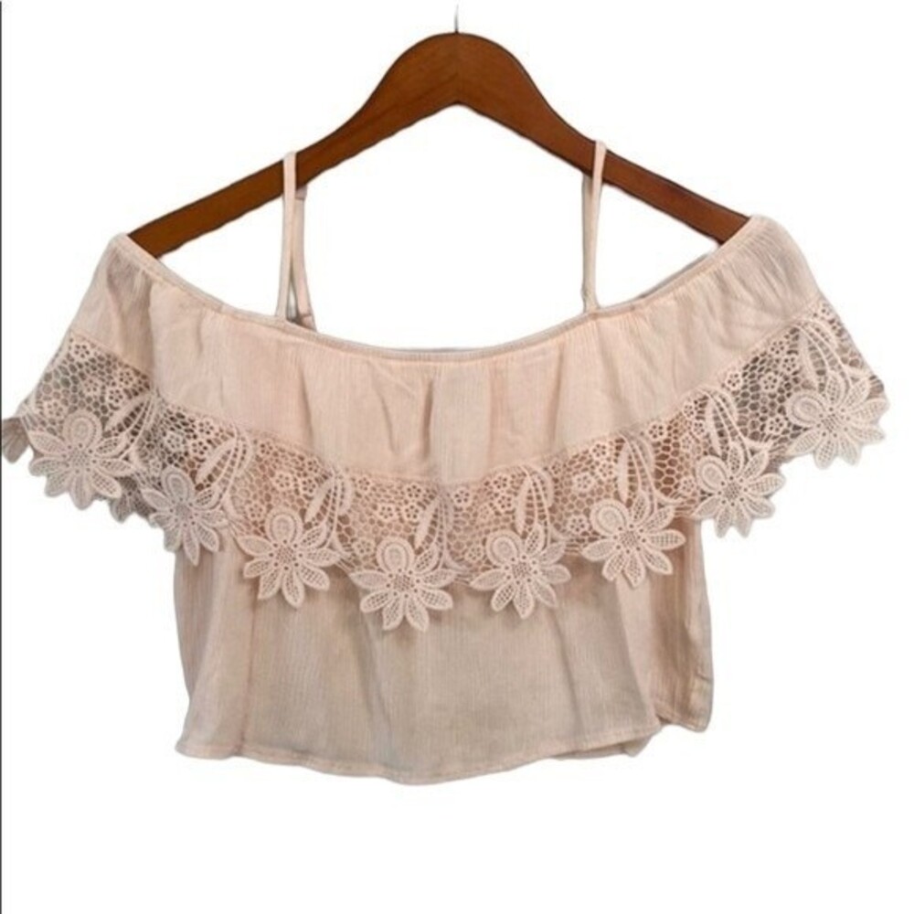 Forever 21 Off The Shoulder Strappy Crochet Lace Crop Top Gauze Cottagecore Soft